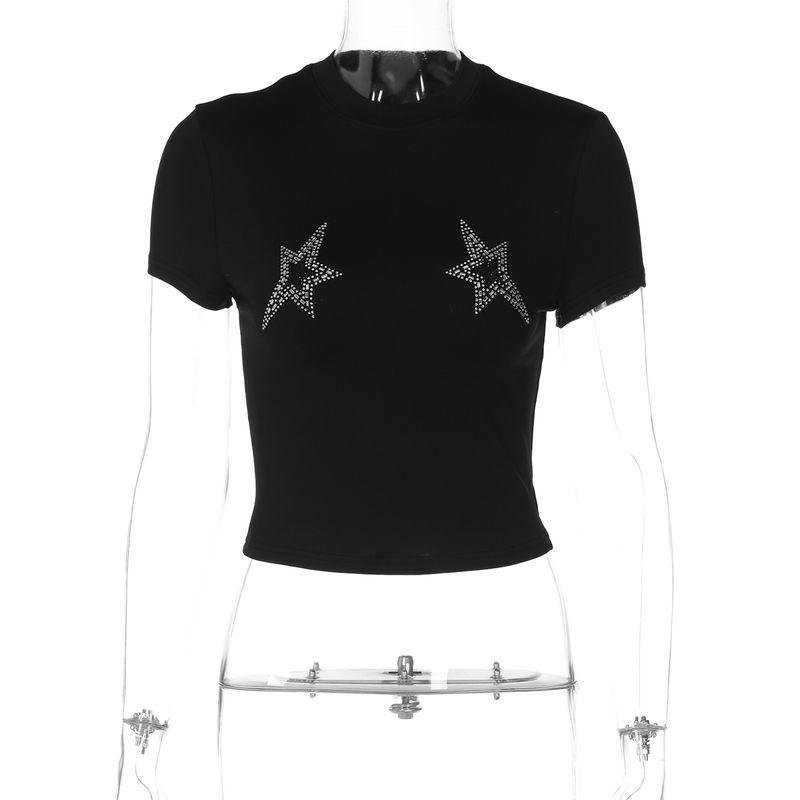 

Gusty American Style Sexy XINGX Rhinestone Short Sleeve Silm T-shirt Women s Street Y2g Trendy Cool Drag Sister Slim Looking Short Top Black S