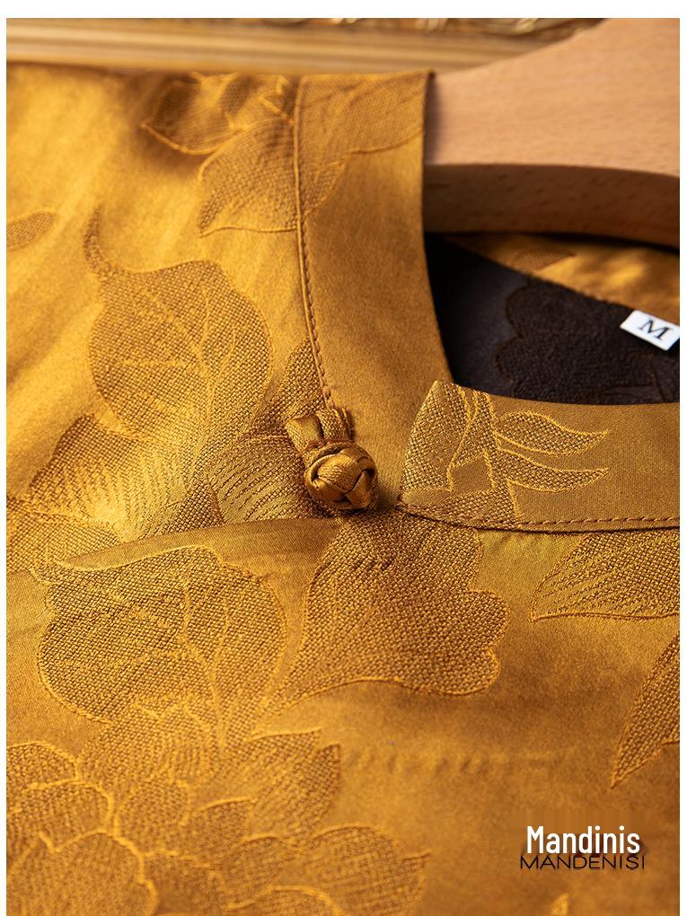 Andningsbar Gazeväst med Silkesblomma och Grodknapp - Damväst i Guld i Konstnärlig Kinesisk Stil