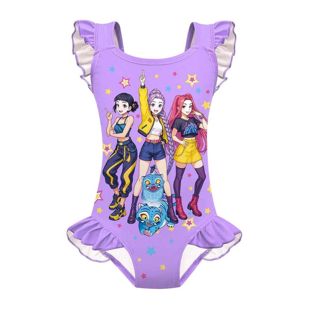 Dzieci Dziewczynki Anime Kreskówka K-POP Rumi Zoey Mira Nadruk Falbanki Bez Rękawów Jednoczęściowy Strój Kąpielowy