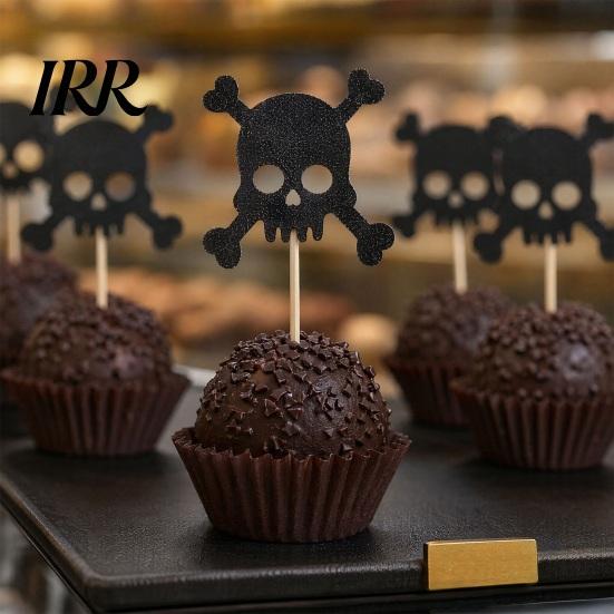 Glitter Black Cake Topper 8 Pcs Halloween Cupcake Picks, Spooky Skull Party Accessory Toppers, Gothic Birthday Decoration for Supplies