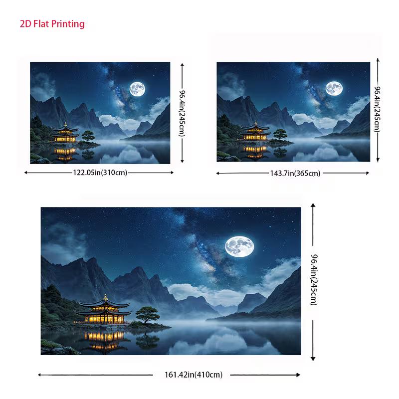 2D Asian Mountain Night Backdrop, Starry Sky and Misty Water