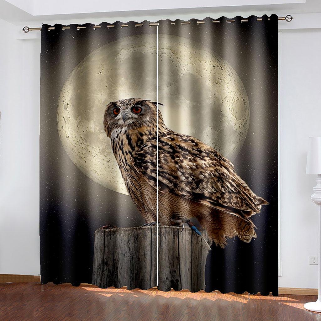 Tierdruck Eulenvorhang für Wohnzimmer 3D-gedruckte Polyestervorhänge Vogelkopf Fenstervorhänge 2-teilig