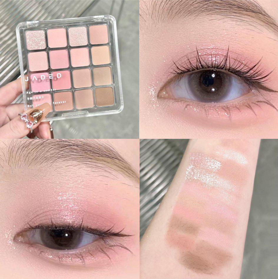 JADED Mood 16-Color Eyeshadow Palette: Pure Desire - Smoky Pink & Light Makeup with Matte & Shimmer Shades.