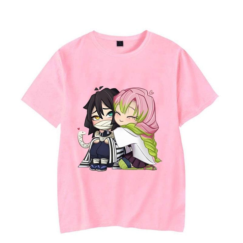 Zabawny T-shirt z nadrukiem kreskówkowym Kanroji Mitsuri Iguro Obanai dla pary, casualowy, luźny, z krótkim rękawem, z okrągłym dekoltem, topy Harajuku, odzież
