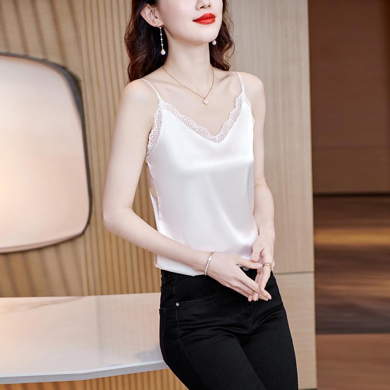 

V-Neck Silk Satin Lace Camisole Women s Top - Layered Under Blazer or Outerwear Small білий