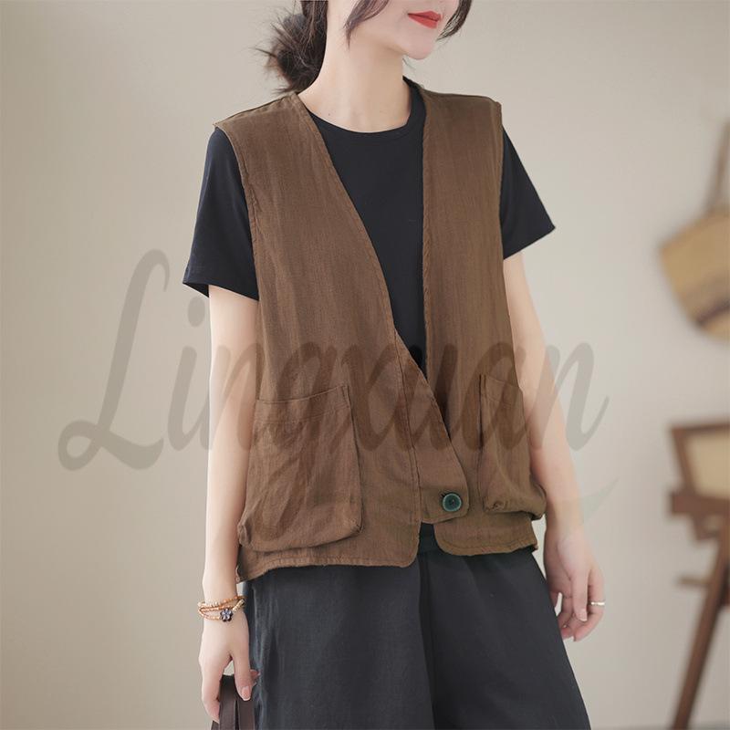 2026 Summer New Chinese Style Linen Vest - Women s Retro Artistic Loose Sleeveless Cardigan Medium