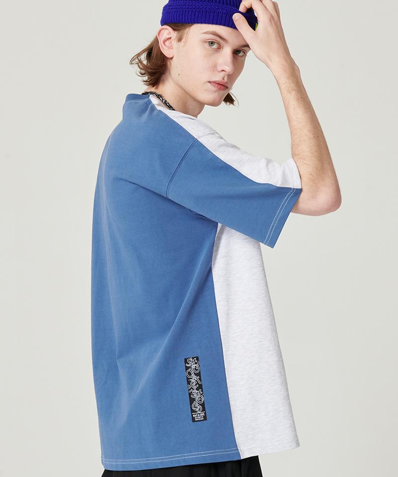 Ghost Street Semi-Overfit Half-And-Half Short Sleeve T-Shirt - White Melange + Blue L