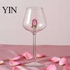Rose Decorated Goblet Red Wine Glass with Roses And Green Leaves Decorated, Clear Romantic Cups Decorative Glass, Elegant Crystal for Dinners Parties