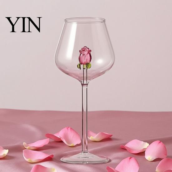 Rose Decorated Goblet Red Wine Glass with Roses And Green Leaves Decorated, Clear Romantic Cups Decorative Glass, Elegant Crystal for Dinners Parties