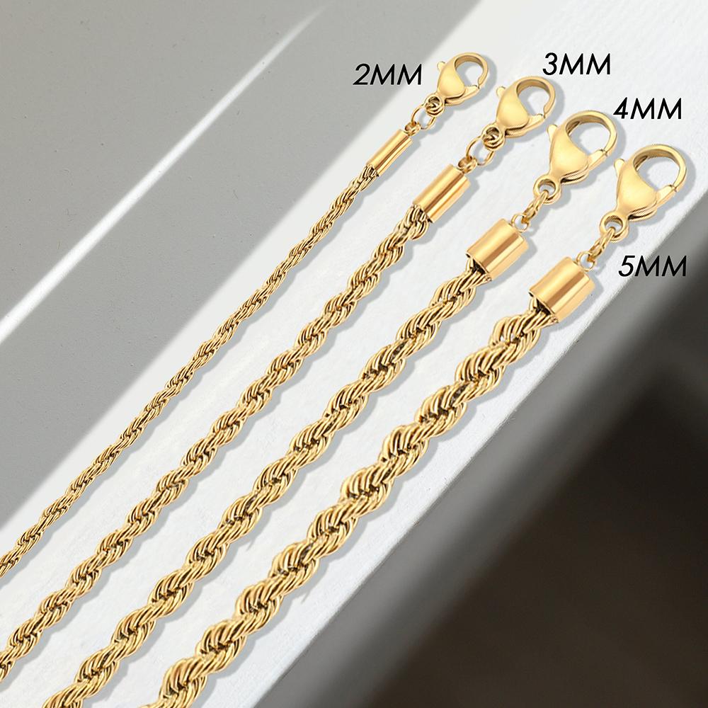 EMANCO 10PCS Wholesale 2/3/4/5MM Gold Color Twisted Rope Chain Bracelet, Stainless Steel Hip Hop Punk Fashion Jewelry for Women