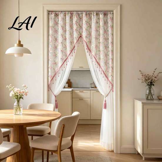 Elegant Sheer Door Hangings Floral Curtain with Beads Lace Embroidered Gauze Room Romantic Home Decor for Living Divider Rod Pocket Doorway Bedroom
