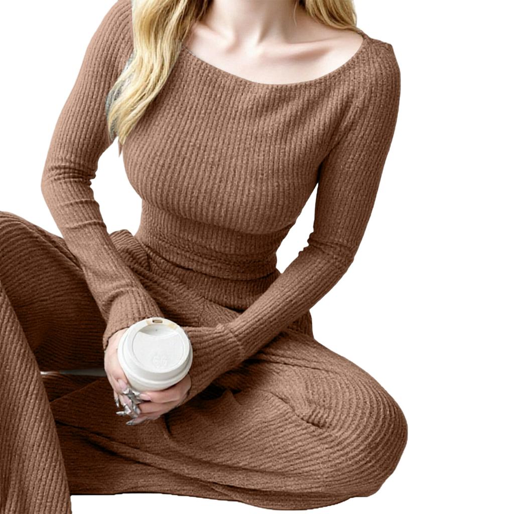 Women's Long-sleeved Top And Elastic Waist Wide-leg Pants Fashion Casual Suit