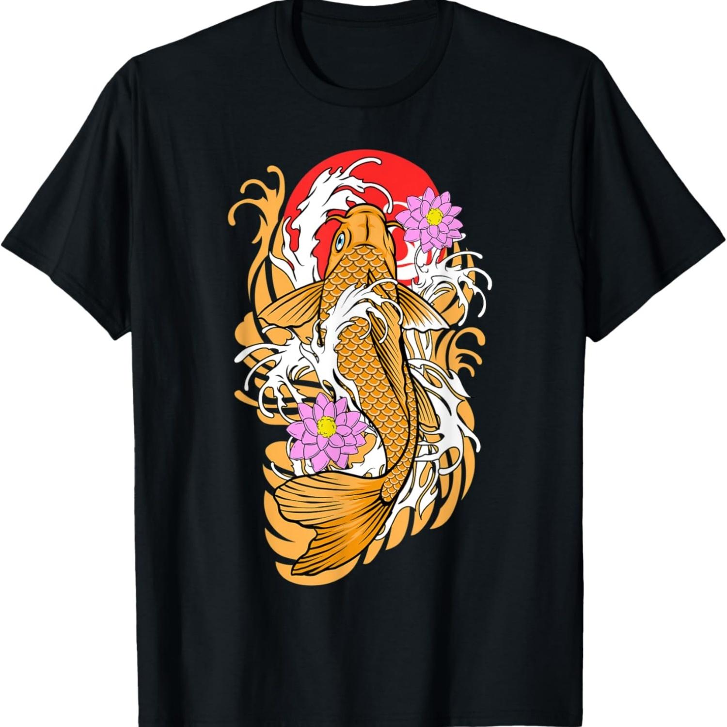 Футболка с изображением карпа кои и цветущей сакуры(5) S чёрный