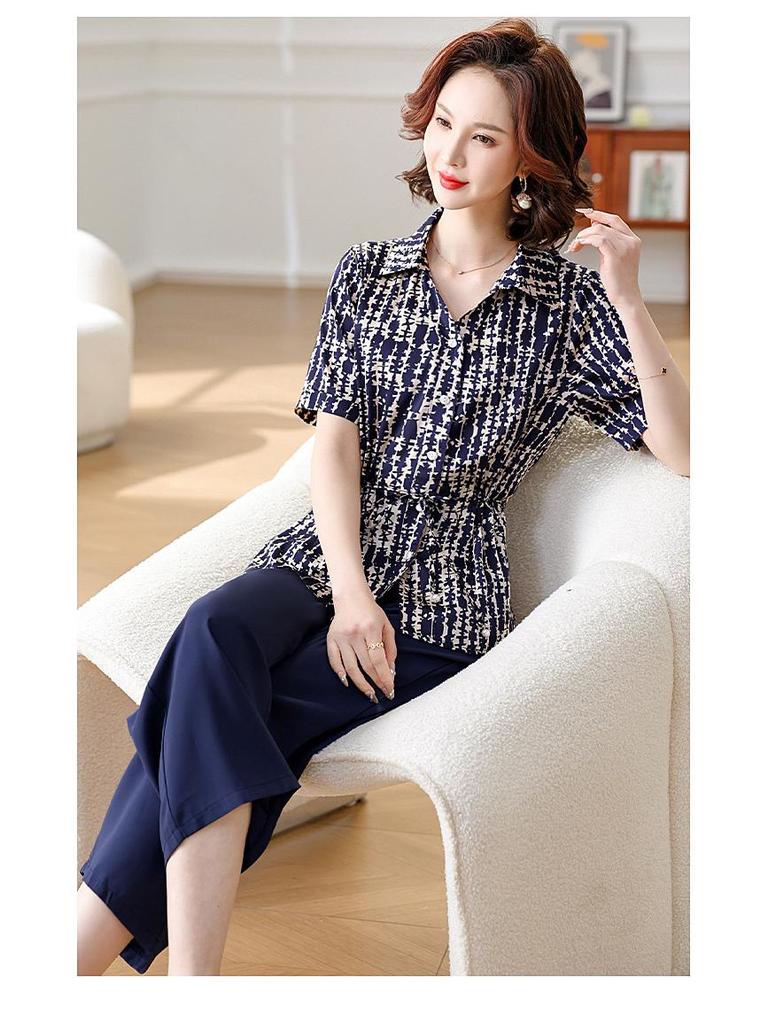 Set Bluză și Pantaloni din Șifon pentru Mama, Vara 2025: Set elegant din două piese pentru femei de vârstă mijlocie și vârstnice