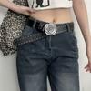 Women's Punk-Style Leather Belt with Rose Rivet Details and Unique Buckle Design