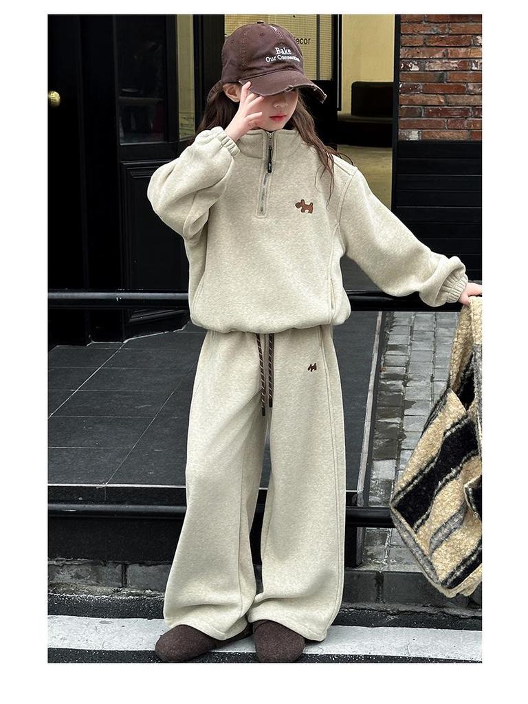 New 2025 Fashion: Girls' Thickened Fleece Lined Sweatshirt Two-Piece Set for Autumn and Winter