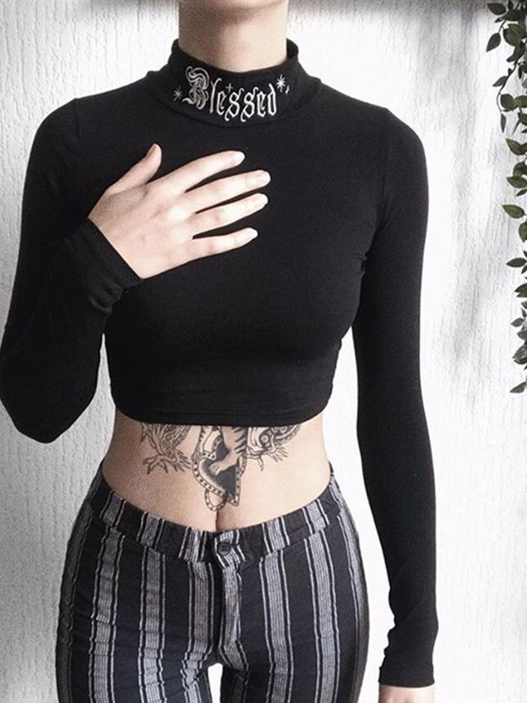Cheap Women Black Bodycon Long Sleeve Crop Tops Gothic Harajuku Letter
