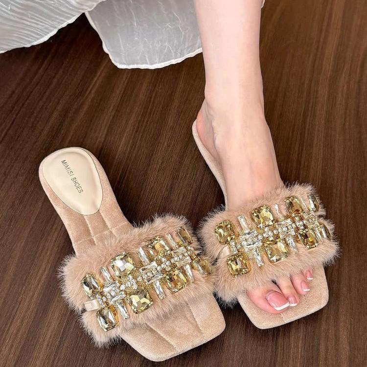 Retro exquisite rhinestone one-word women's autumn light luxury thick heel slippers, light gem square head slippers