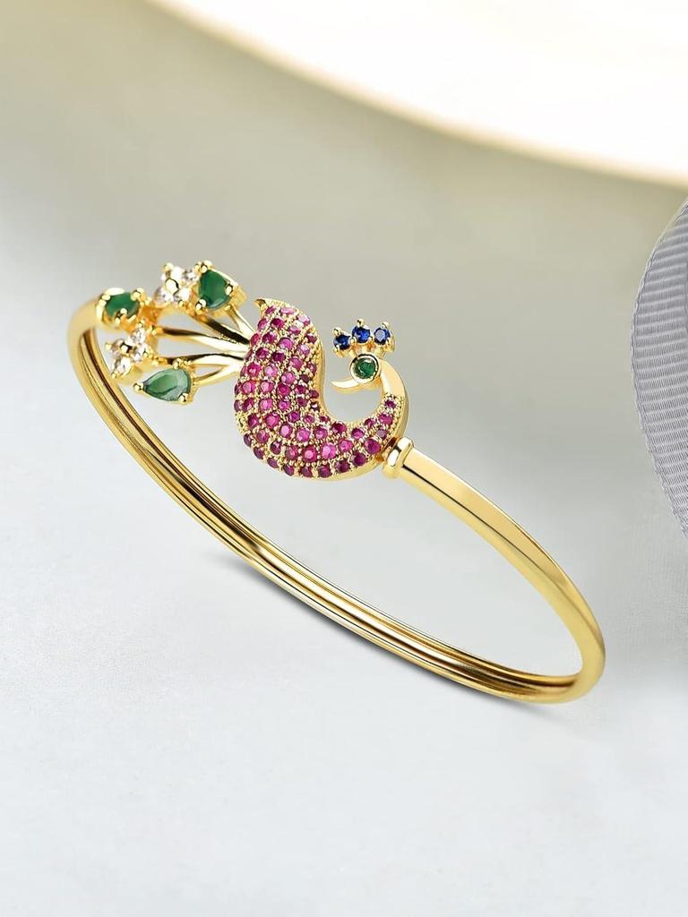 Pink & Green Cubic Zirconia Peacock Inspired Bangle Style Brass Kada For Women