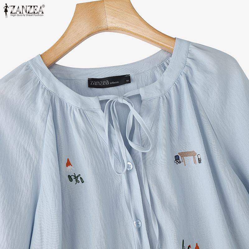 ZANZEA Women Casual Round Neck Summer 3/4 Sleeve Buttons Print Blouse