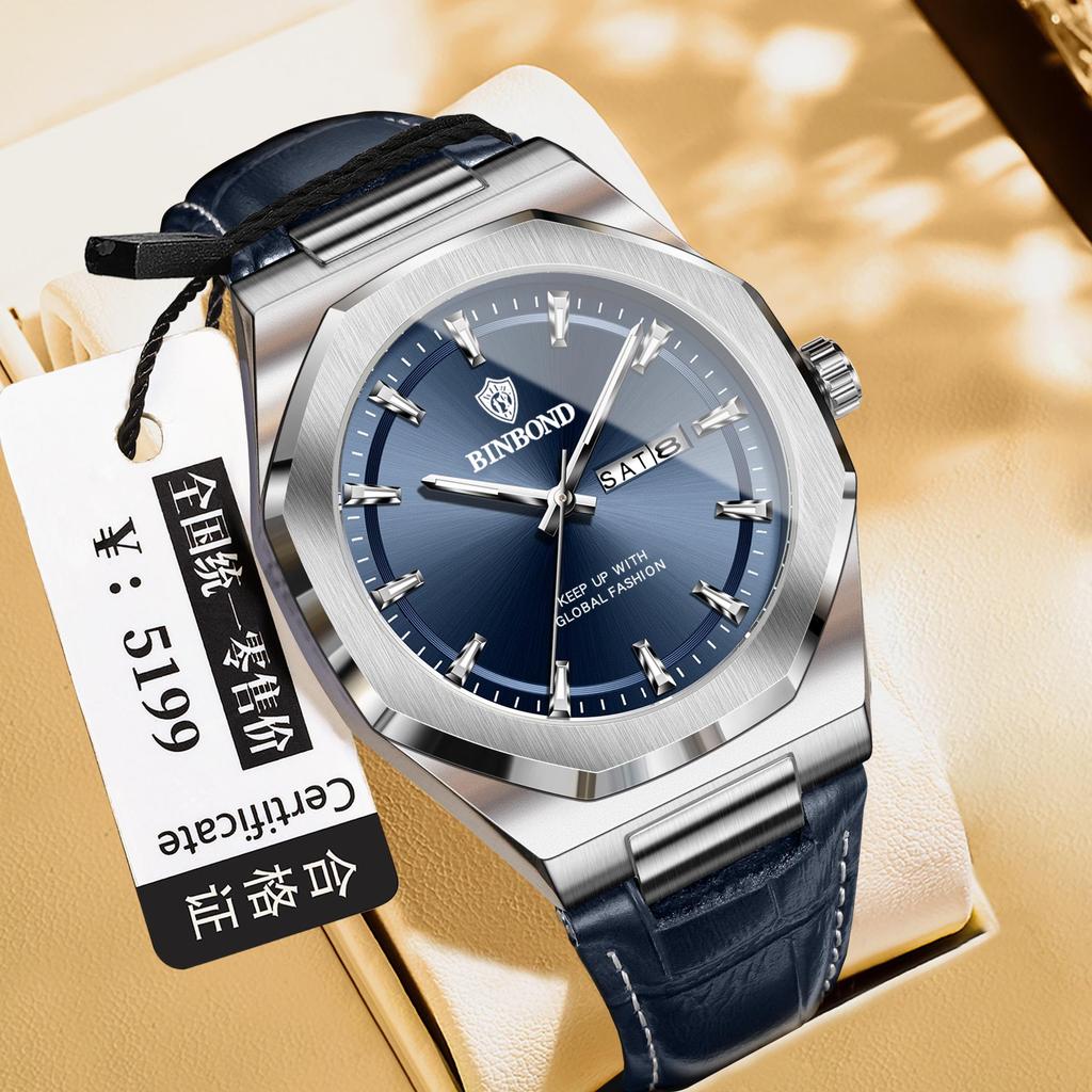 Binbang Men's Luminous Waterproof Quartz Watch with Calendar - Trendy Korean Style