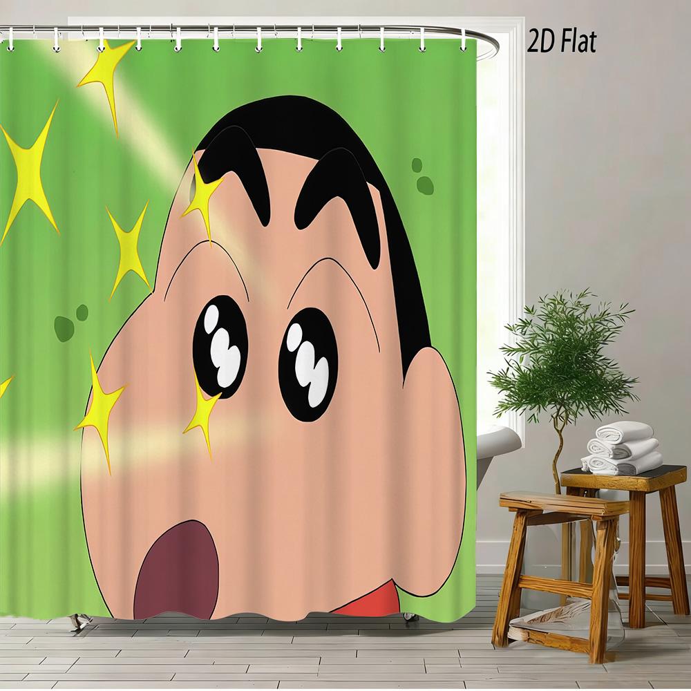 Crayon Shin-Chan Ufo & Shiro 2D Print Waterproof Shower Curtain, Green Anime Bathroom Decor With Hooks