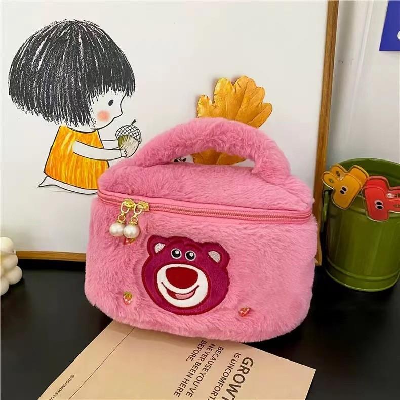 Adorable Plush Strawberry Bear Handbag For Women Spacious Makeup Organizer Bag