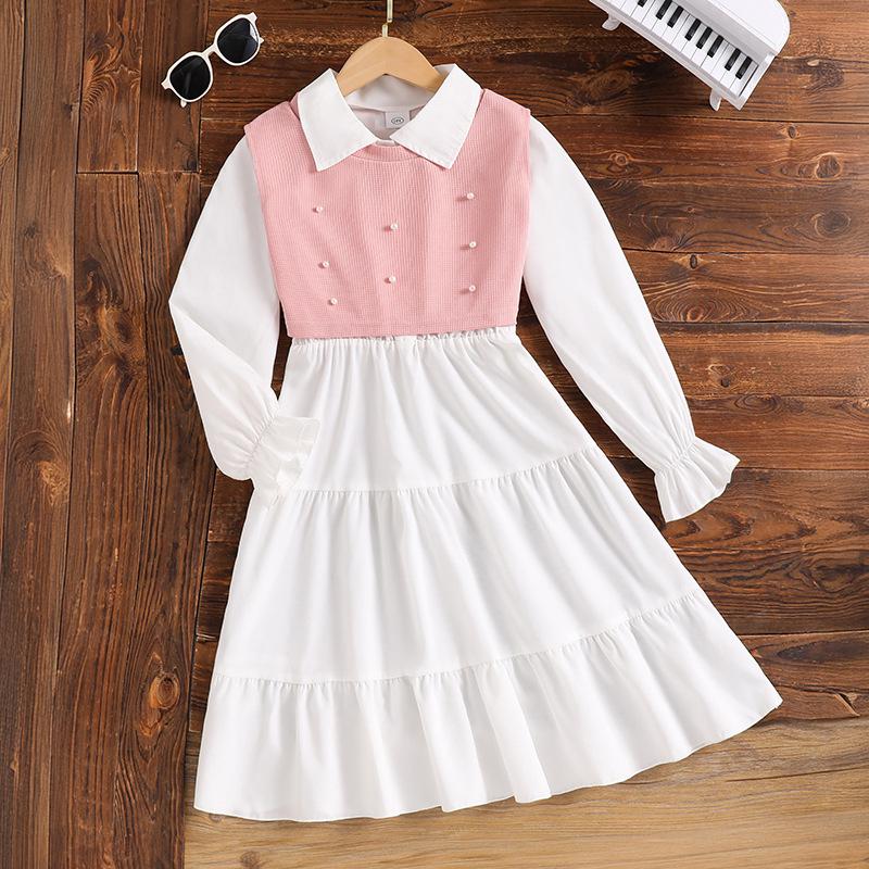 

Girls Autumn 2025 Lapel Dress with Beaded Vest, Solid Color, Long Sleeve Size: 130cm (8Y) рожевий