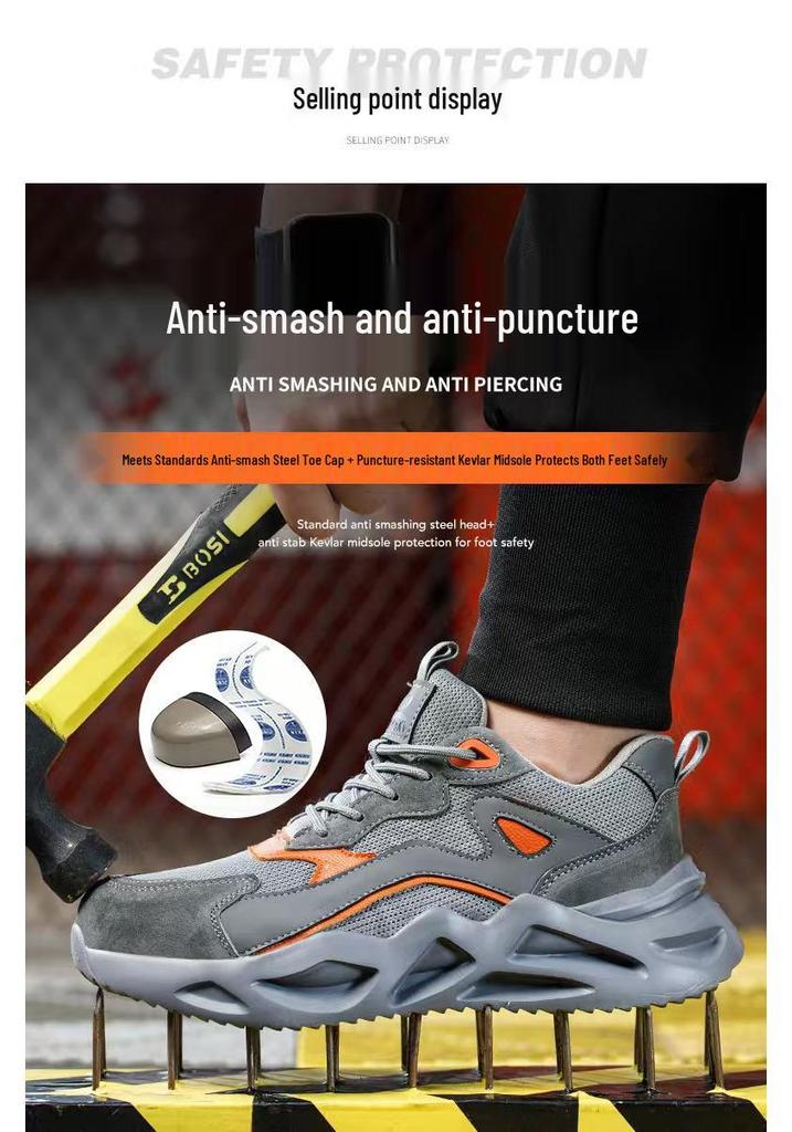 Thunderbolt Shield Low-Top Cowhide Safety Shoes: Anti-Smash, Anti-Puncture, Insulated, Wear-Resistant Rubber Outsole.