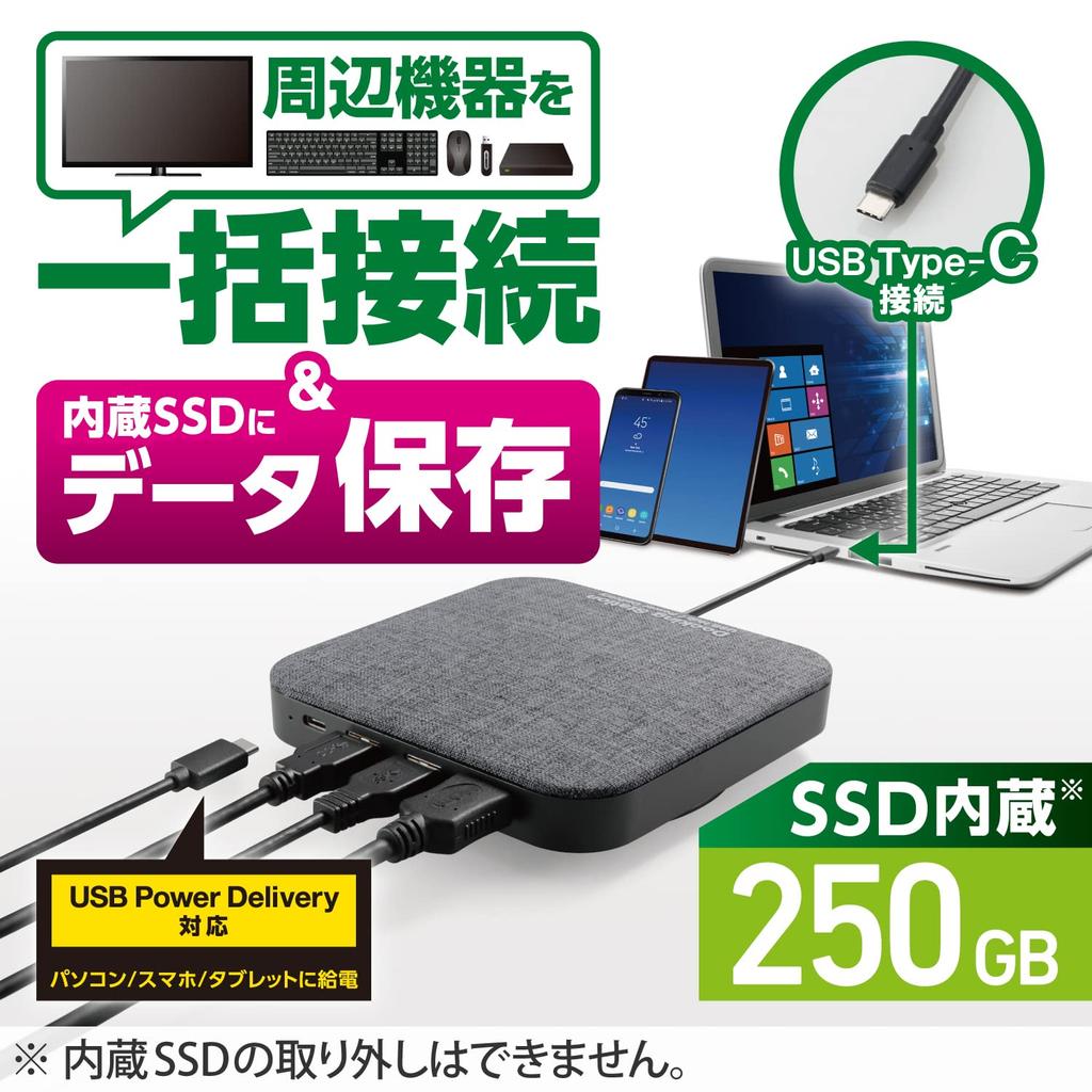 Elecom 250GB External SSD with Docking Station Function [HDMI/USB-C/USB-A/USB PD 100W Support] Compatible with Mac/iPad/Windows ESD-DSA0250GBK