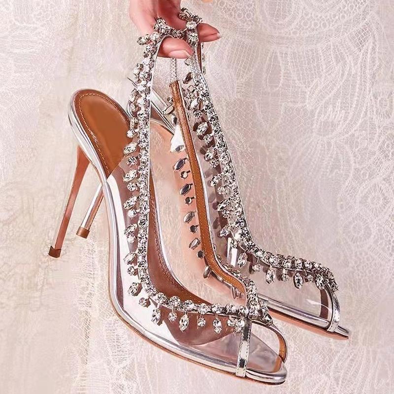 

Fashion Water Diamond Sandals Women S Slender Heels Summer European And American Fish-Mouth High Heels Sexy Pendant Banquet Single Shoes 34