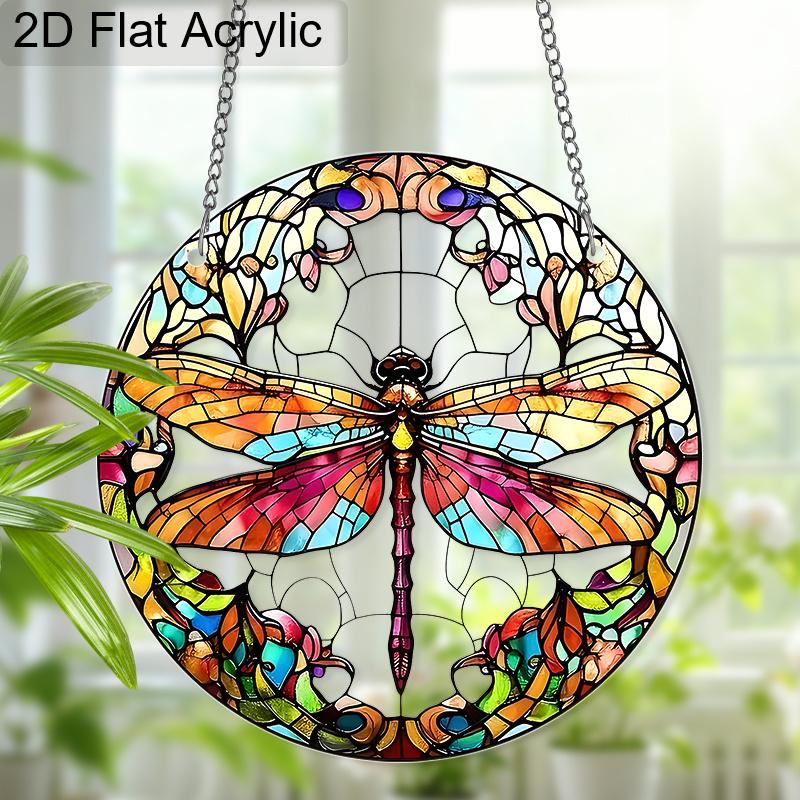 Acrylic Colorful Dragonfly Floral Suncatcher, Stained Glass Effect Window Hanging Ornament for Nature Lover Gifts