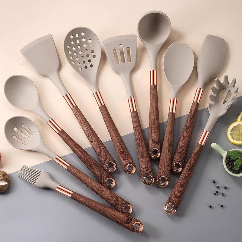 Set de Utensilios de Cocina de Silicona con Grano de Madera de 11 Piezas - Utensilios de Cocina Antiadherentes y Resistentes al Calor
