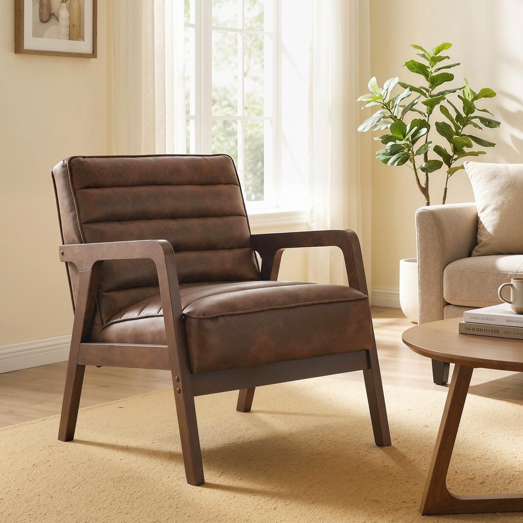 Lounge Chair, Upholstered PU Armchair, Solid Wood Frame, Brown