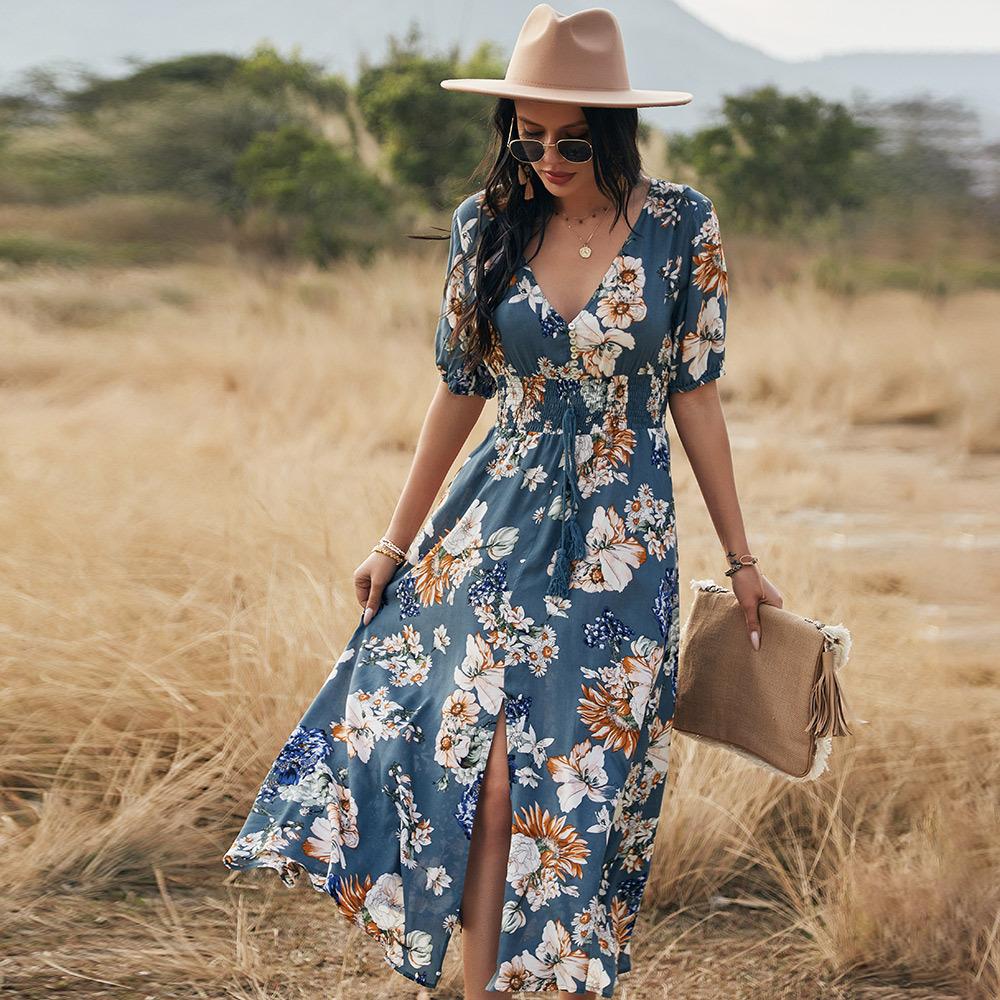 2023 Summer New Sexy Printed Bohemian Dress with Waistline Slimming Women's Clothing