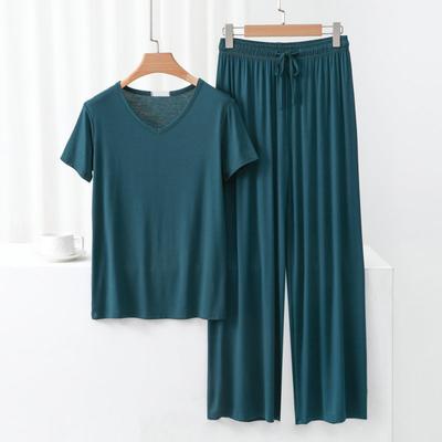 Damen 2-teiliges Pyjama-Set Lässig V-Ausschnitt Kurzarm Pullover Tops Weitbeinige Hosen Set Sommer Loungewear Outfits