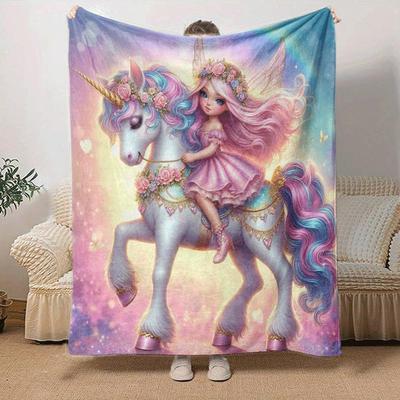 1pc Unicorn Printing Lightweight Flannel Blanket, Comfortable and Warm Blanket, for Camping Sofa Bed and Couch Office, In All Seasons