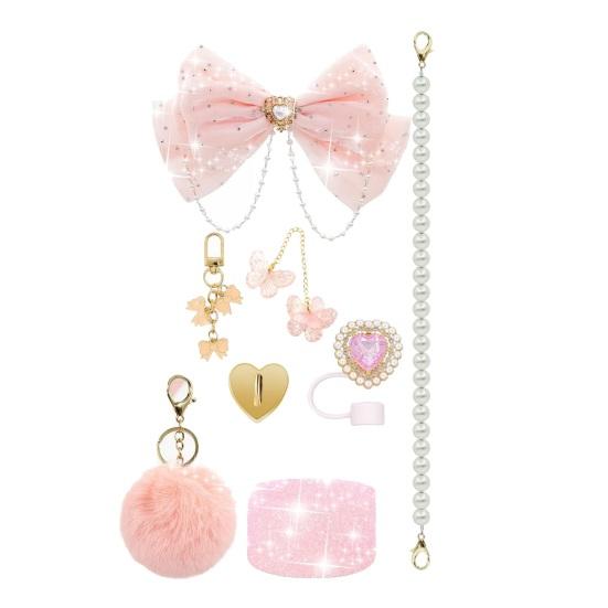 1 Set Tassenhülle Funkelnde Strasssteine Schleife Plüschball Dekoration Kunstperlen Lanyard Tassenzubehör mit Silikonboden-Schutz