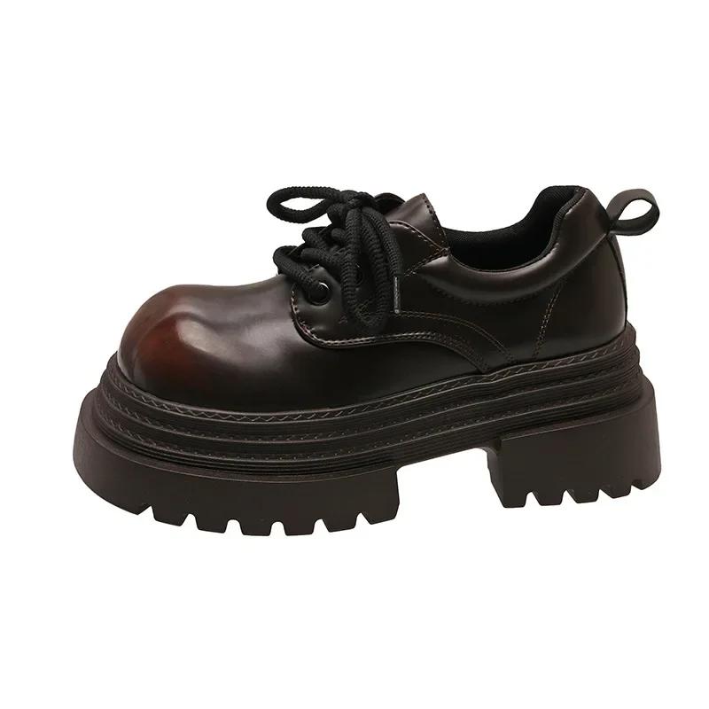 Fashion Women's Chunky Heel Single Shoes Female British Style Square Head Loafers Casual New Thick Heels Dress Lace-up Leather Pumps