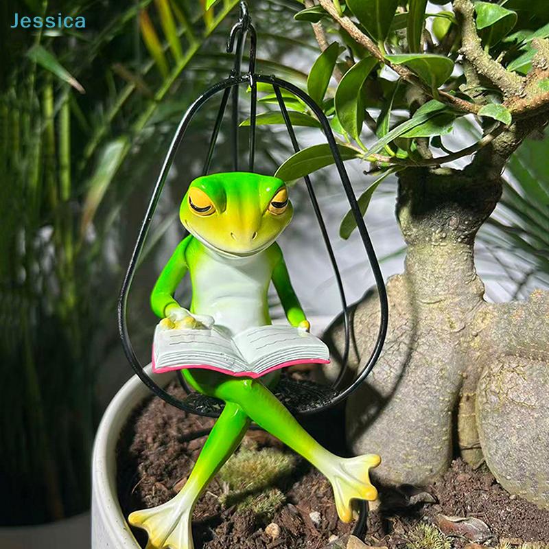 Reading Frog on Swing Decor - Resin Animal Figurine, Cute Desktop Ornament for Home, Office & Plant Decoration