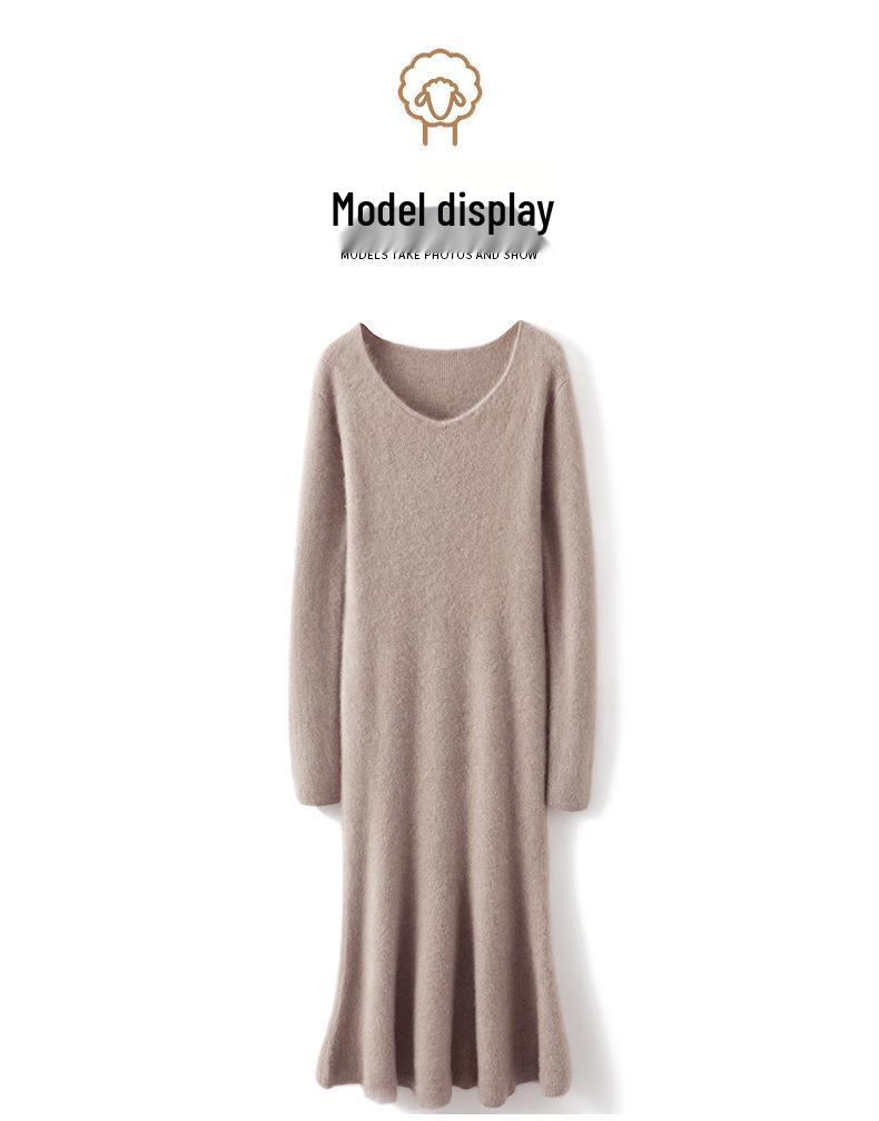 V-Neck Wool-Cashmere Sweater Dress for Women - Slim Fit, Mid-Length, Over-the-Knee, Autumn/Winter Style