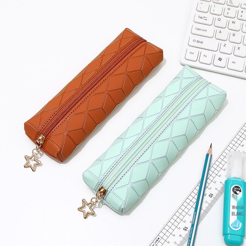 Diamond Lattice PU Leather Large Capacity Pencil Case - Stylish Student Stationery Organizer
