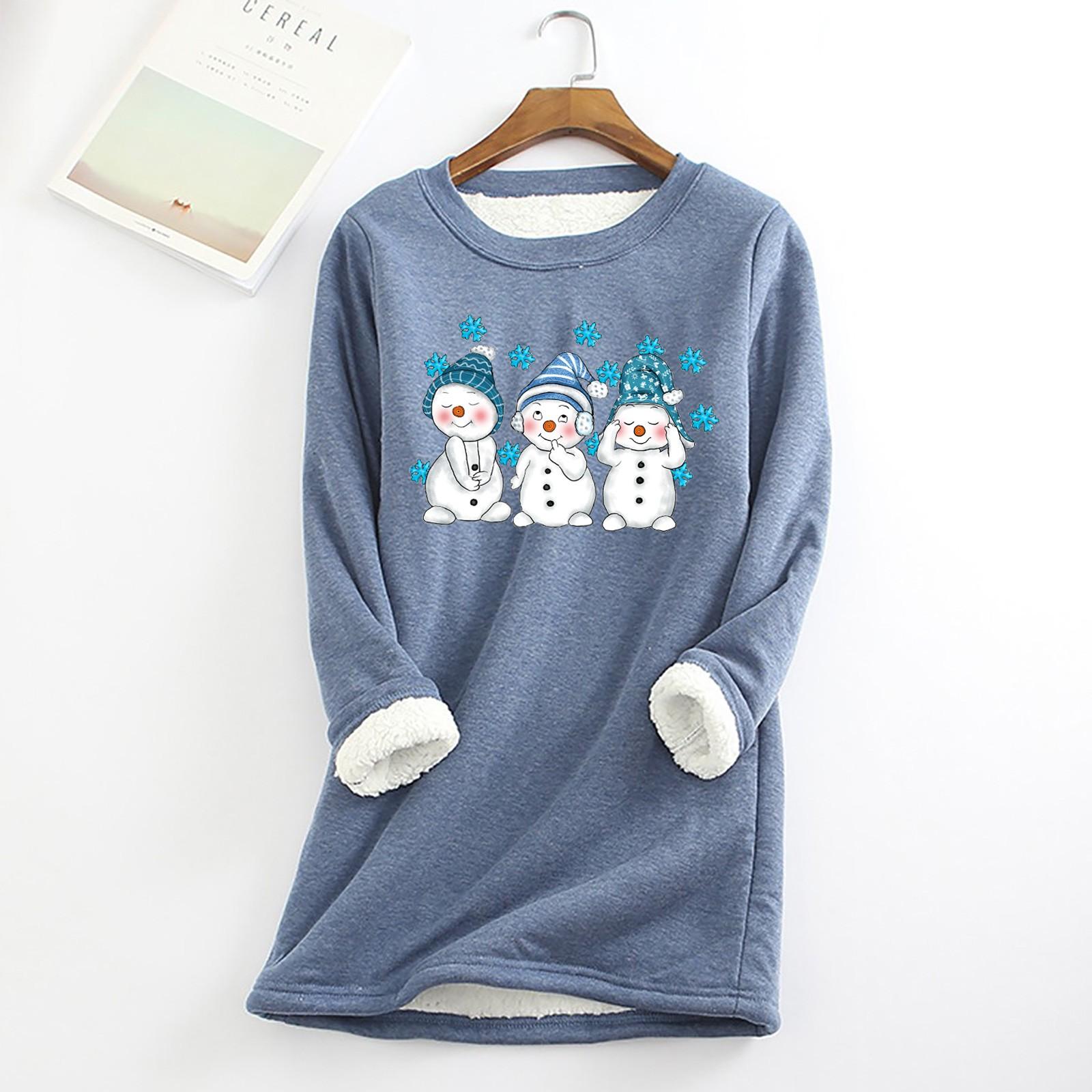 

Женский круглый вырез с принтом из утолщенного плюша и кашемира, теплый длинный топ L синий