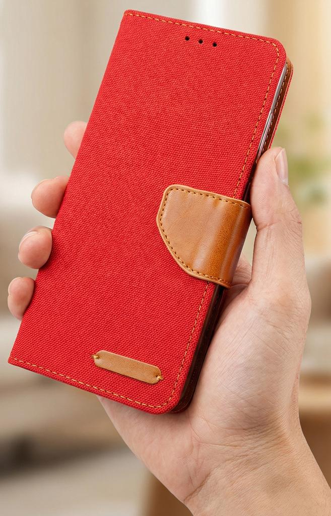 Etui Typu Portfel Do Motorola Moto G15 / G15 Power - Czerwony Pokrowiec Canvas + Szkło