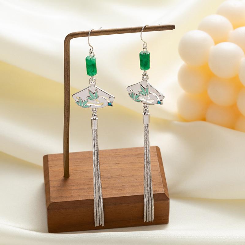 Chinese-Style Hollow Fan Bamboo Jade Earrings with Tassels
