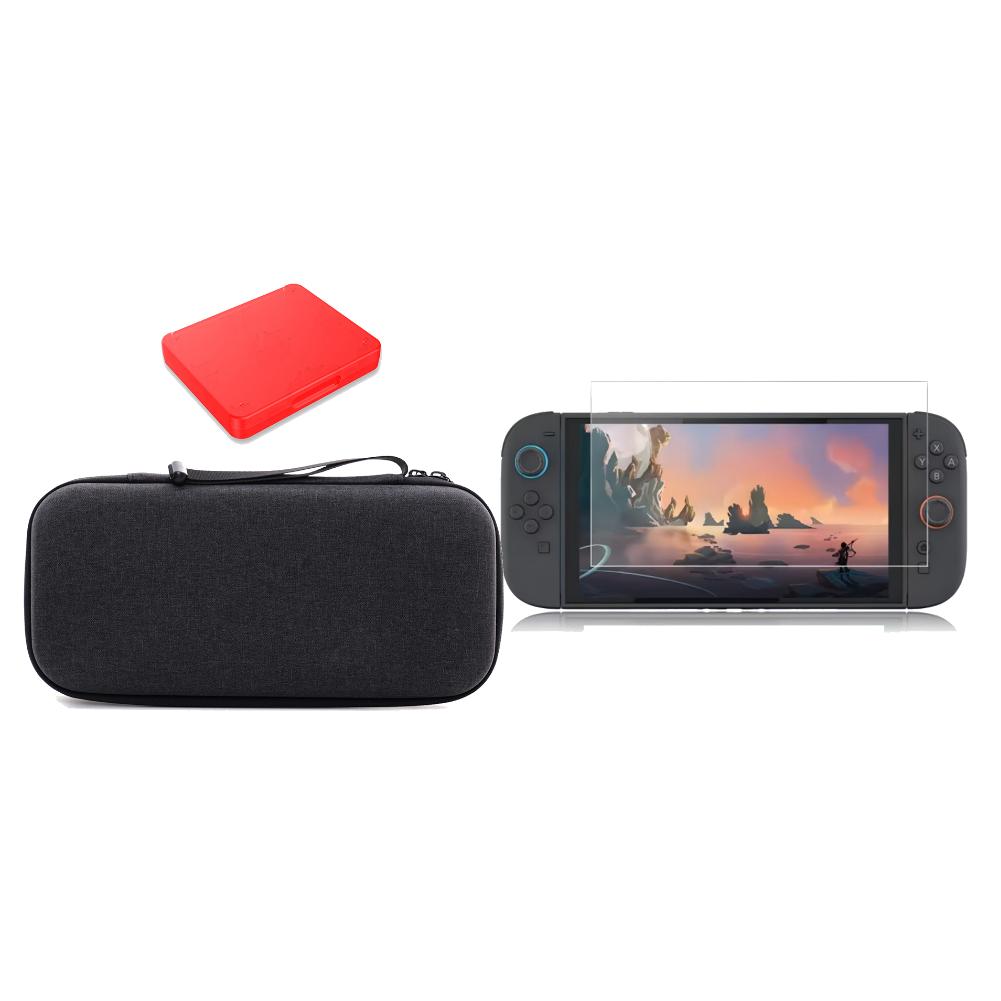 Game Console Storage Case with 2Pcs Tempered Glass Screen Protector Film Anti-Scratch Portable Travel Organiser Bag for Switch 2