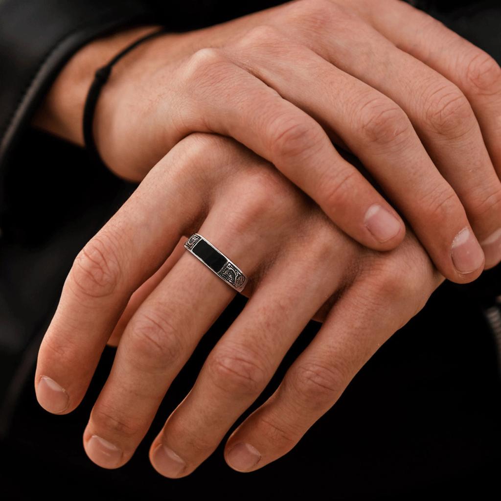 Mprainbow Punk Vintage Rings for Men, Retro Dragon Pattern Finger Band,Black Geometric Square Stone Signet Ring,Adjustable Ring