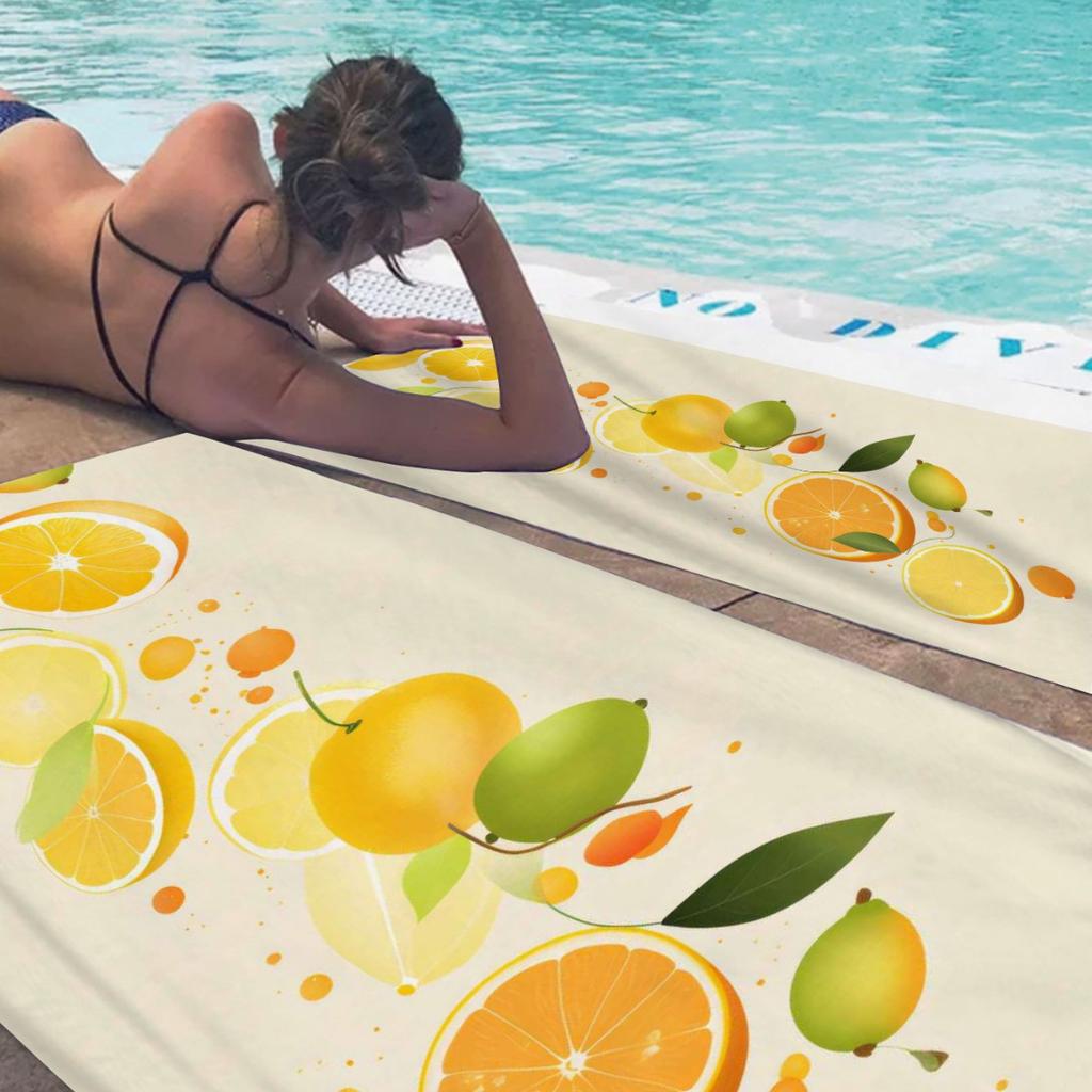 Summer Orange Pattern Digital-printed Polyester Superfine Fiber Double-sided Fleece Beach Vacation Bath Towel, Beach Towel