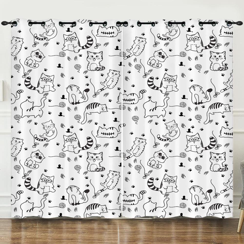 Curtain Cat Cartoon 3D Digital Printing Blackout Curtain Punching