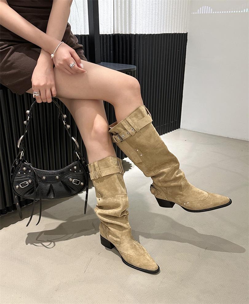 

Niche design metal buckle boots women s 2025 new retro thick heel pointed knight boots but knee fashion boots 39 хаки